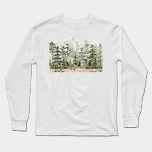 Watercolor Pine Forest on Mountain Long Sleeve T-Shirt